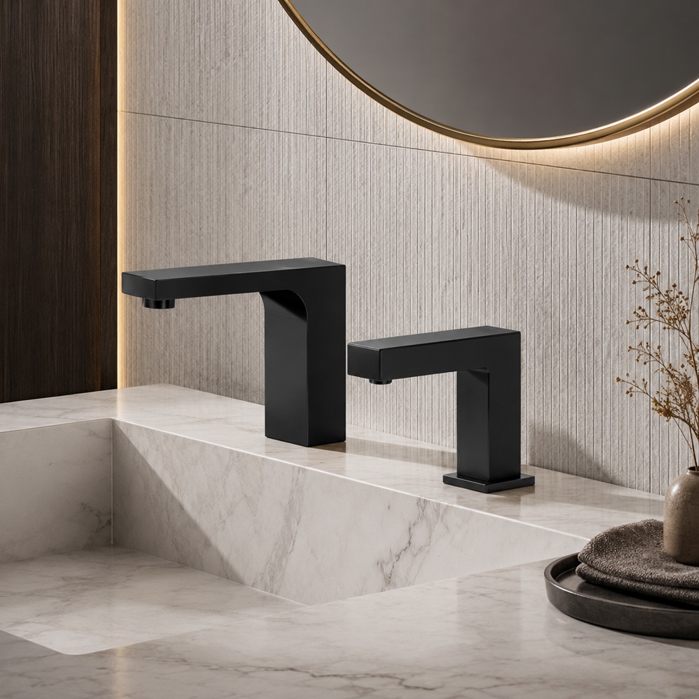 Matte black square faucet model with matching soap dispenser installed on a white marble bathroom vanity with textured tile wall and round backlit mirror